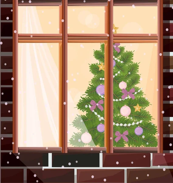 Προβολή παραθύρου με εικονογράφηση διάνυσμα φόντο χριστουγεννιάτικο δέντρο — Διανυσματικό Αρχείο