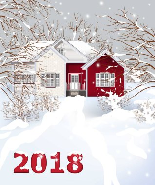 Kırmızı Vintage house kış karlı arka plan vektör Illustration. 2018 metni kartı