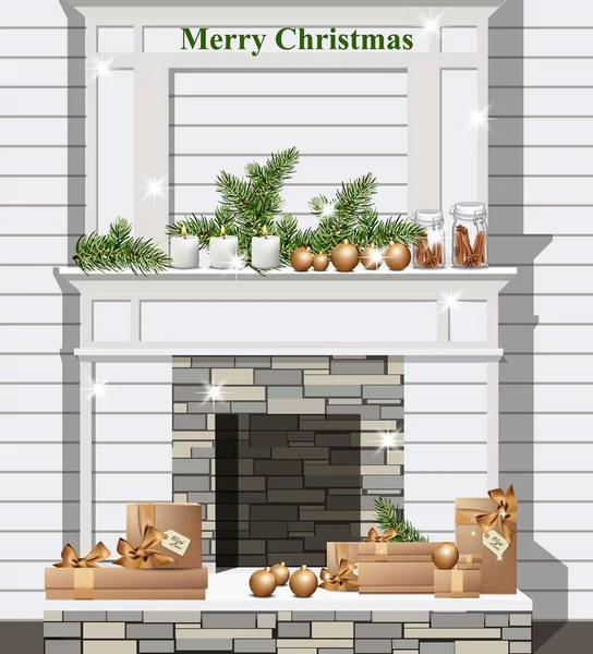 Lareira branca com decoração de Natal Vector realista — Vetor de Stock