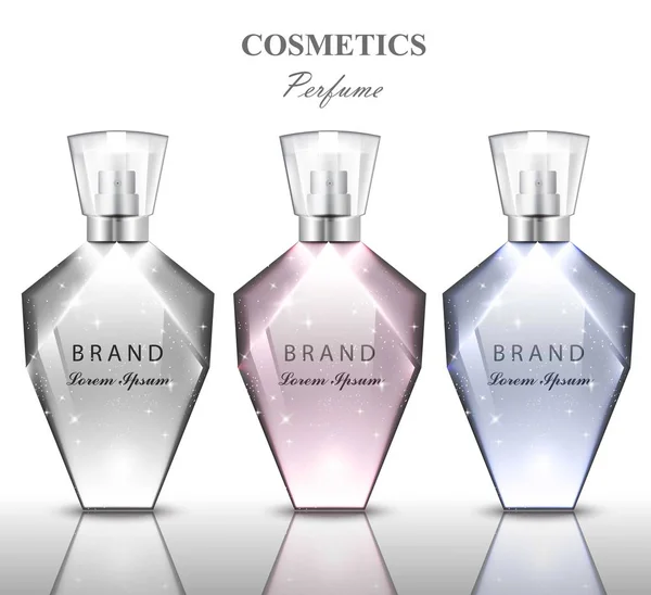Kadınlar şişe küme koleksiyon kokuları parfümü. Parlak şeffaf kapsayıcı. Gerçekçi vektör ürün ambalaj tasarımları — Stok Vektör