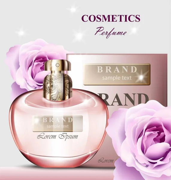 Vrouwen parfum fles rose geur. Realistische vectorproduct verpakkingsontwerpen mock up — Stockvector