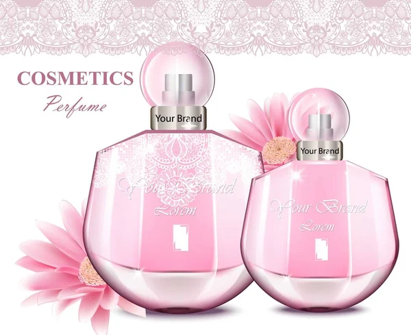 Frasco de perfume de mulheres com fragrância de flores delicadas. Realistic Vector Design de embalagens de produtos — Vetor de Stock