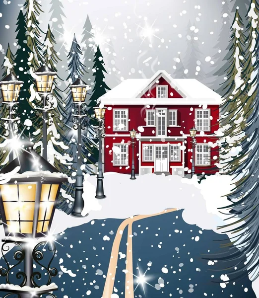 Casa vermelha Inverno nevado fundo abetos. Estrada para a floresta. Ilustrações vetoriais —  Vetores de Stock