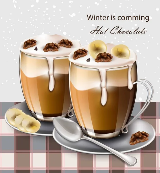 Bebida de chocolate quente Vector realista. Bebidas de inverno menu fundos retro — Vetor de Stock