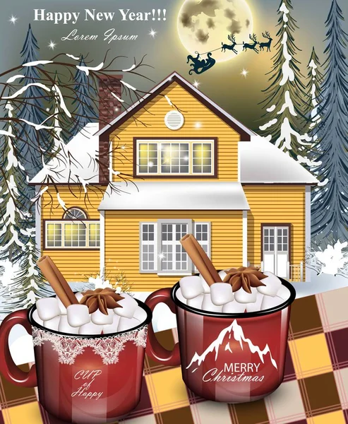 Bebidas quentes canecas vermelhas, uma casa amarela fachada fundo. inverno família feriados cartão Vetor ilustrações detalhadas — Vetor de Stock
