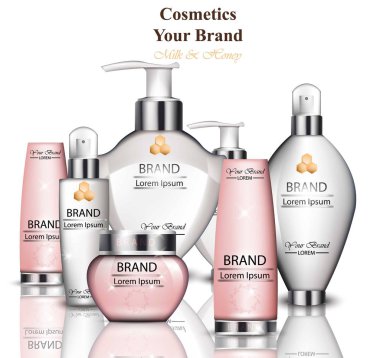 Krem ve losyon kozmetik koleksiyonu ile süt ve bal özü. Hidrasyon organik tedavi. Gerçekçi vektör ürün ambalaj tasarımları