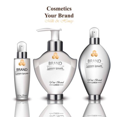 Süt ve bal ile krem ve losyon kozmetik ayıklayın. Hidrasyon organik tedavi. Gerçekçi vektör ürün ambalaj tasarımları