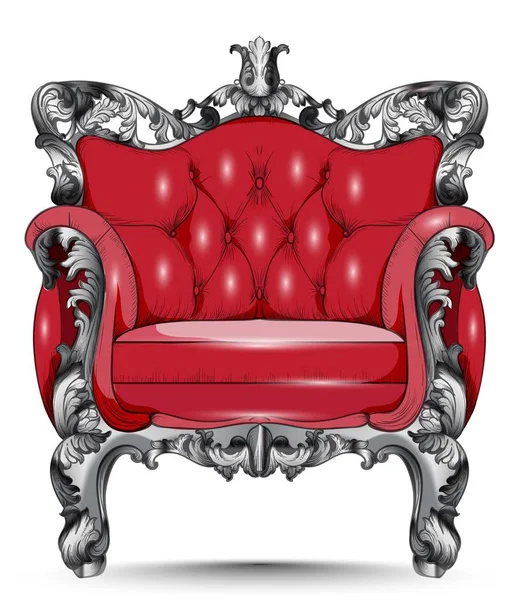 Sillón barroco rojo. Muebles con tejido ornamentado victoriano. Vector diseños 3D realistas — Vector de stock