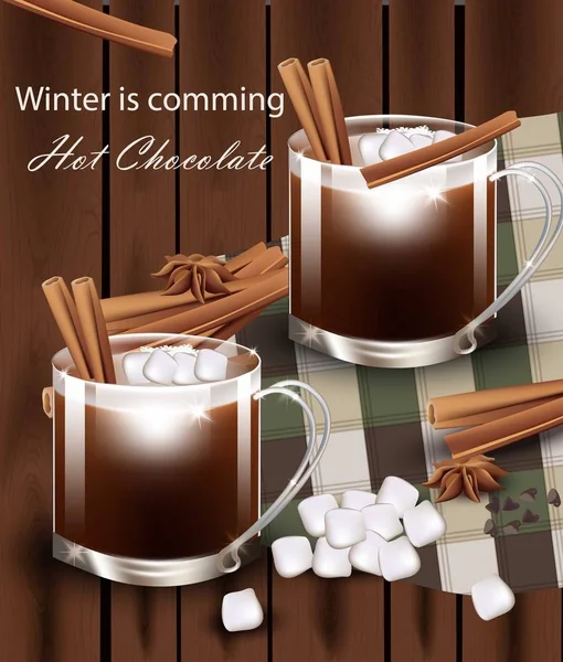 Copos de chocolate quente Vector realista. sabores de canela e fundo de madeira marshmellow — Vetor de Stock
