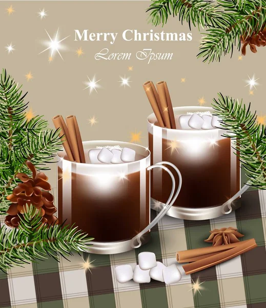 Feliz cartão de Natal com Vetor de chocolate quente. Bebidas doces de sobremesa — Vetor de Stock