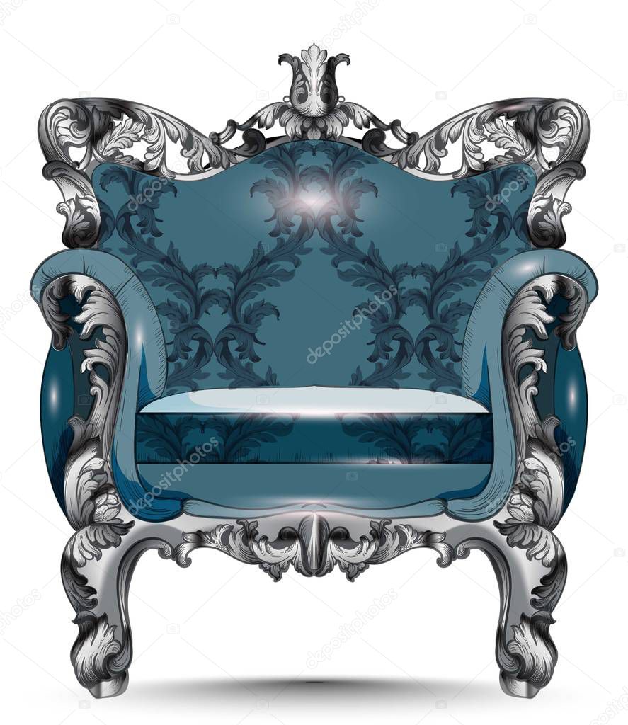Baroque luxury armchair. Furniture with Victorian ornamented fabric. Vector realistic 3D designs