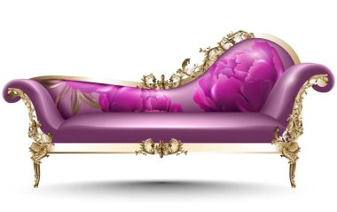 Gül çiçek kumaş ile Barok lüks tezgah. Zengin Imperial stil mobilya. Vektör gerçekçi 3d tasarımlar