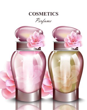 Kadınlar şişe gül parfüm parfüm. Gerçekçi vektör ürün ambalaj tasarımları kadar sahte
