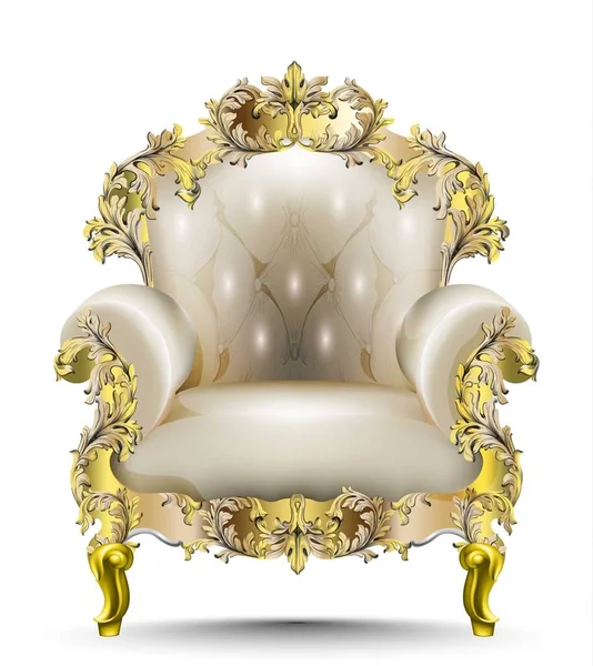 Fauteuil baroque luxueux textile doux. Conception 3D vectorielle réaliste. Ornements sculptés dorés — Image vectorielle