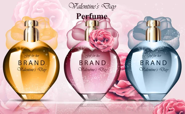 Kadınlar renkli şişe küme koleksiyon kokuları parfümü. Gerçekçi vektör ürün ambalaj tasarımları — Stok Vektör