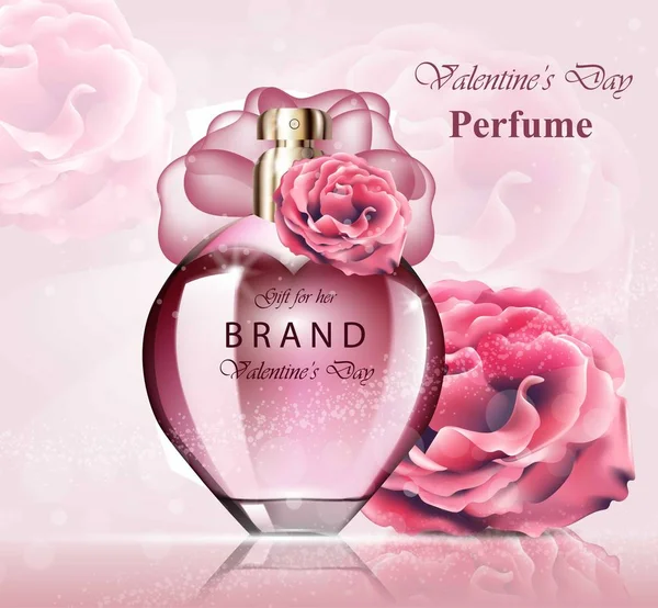 Perempuan botol parfum wangi mawar halus. Desain kemasan Produk Vektor yang realistis mengejek latar belakang bunga - Stok Vektor