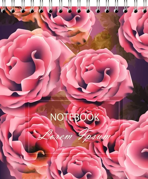 Rose flowers background template for notebook Vector. Realistic 3d flowers — Stock Vector