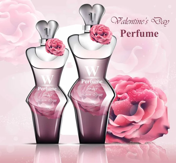 Flacon de parfum femme délicat parfum rose. Vecteur réaliste Conceptions d'emballage de produits maquettes de milieux floraux — Image vectorielle