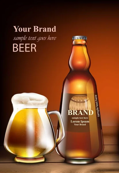 Beer Vector realistic mock up. Product packaging mock up. Glass bottle and mug. template designs — Stock Vector