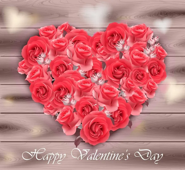 Valentin-Tageskarte. Rosen Herz auf Holz Hintergrund Vektor — Stockvektor