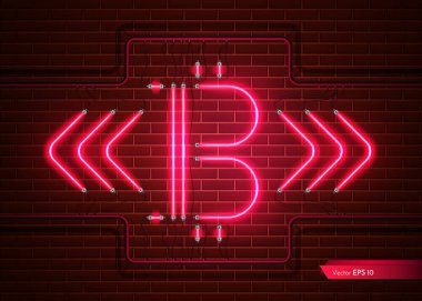Dijital vektör Bitcoin neon ışık. Detaylı cryptocurrency tuğla duvar illüstrasyon