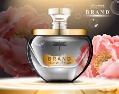 Parfüm şişesi narin gül kokusu. Gerçekçi vektör ürün altın ambalaj tasarım mock up