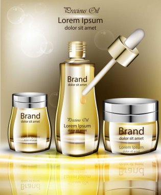 Kozmetik yağı koleksiyonu vektör gerçekçi ayarlayın. Ambalaj ürünleri organik doğal özde kadar alay