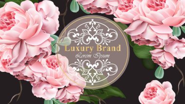 Gül çiçek arka plan şablon kartı vektör. Gerçekçi 3d tasarım dekor yuvarlak çerçeve