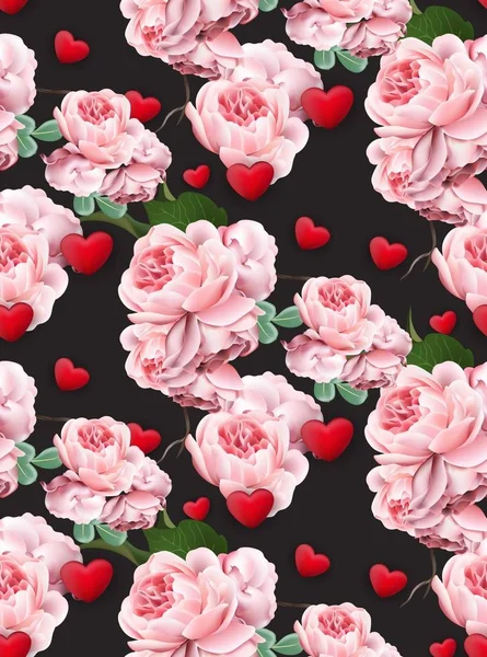 San Valentino modello Rose e cuori Vettoriale illustrazione realistica sfondi neri — Vettoriale Stock