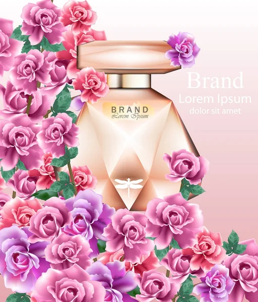 Parfum fles delicate rozen geur. Realistische vectorproduct verpakkingsontwerp mock up. Schitterende bloemen achtergronden — Stockvector