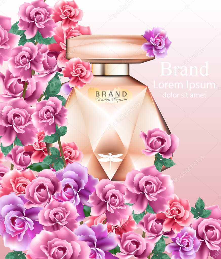 Perfume bottle delicate roses fragrance. Realistic Vector Product packaging design mock up. Beautiful floral backgrounds