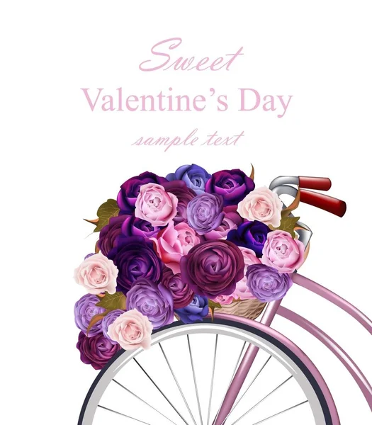 Carte Saint Valentin avec bouquet de fleurs et vélo Vector. Carte de voeux design romantique — Image vectorielle