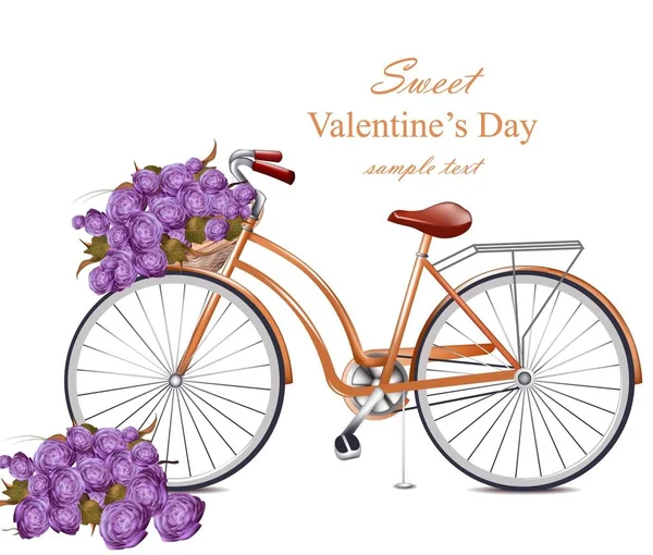 Tarjeta San Valentín con bicicleta y flores ramo Vector. Tarjeta de felicitación diseños románticos — Archivo Imágenes Vectoriales