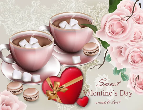 Tazas de chocolate caliente tarjeta de San Valentín. Delicado ramo de flores composición Vector — Archivo Imágenes Vectoriales