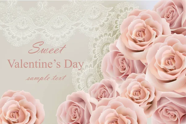 Biglietto San Valentino con rose delicate e pizzo Vettore — Vettoriale Stock