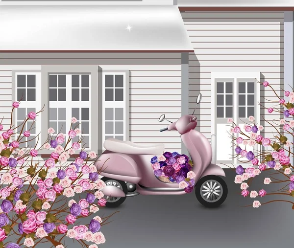 Tarjeta San Valentín con scooter rosa y ramo de flores Vector. Tarjeta de felicitación diseños románticos — Archivo Imágenes Vectoriales