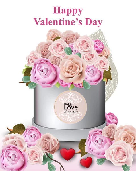 Mutlu Sevgililer kartı Şakayık ve güller çiçek hediye kutusu vektör resimler — Stok Vektör
