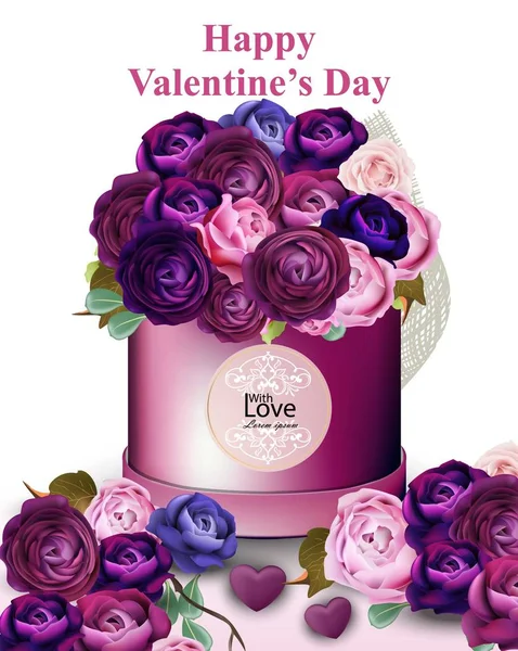 Feliz tarjeta de San Valentín con peonía y rosas flores caja de regalo Vector ilustraciones — Archivo Imágenes Vectoriales