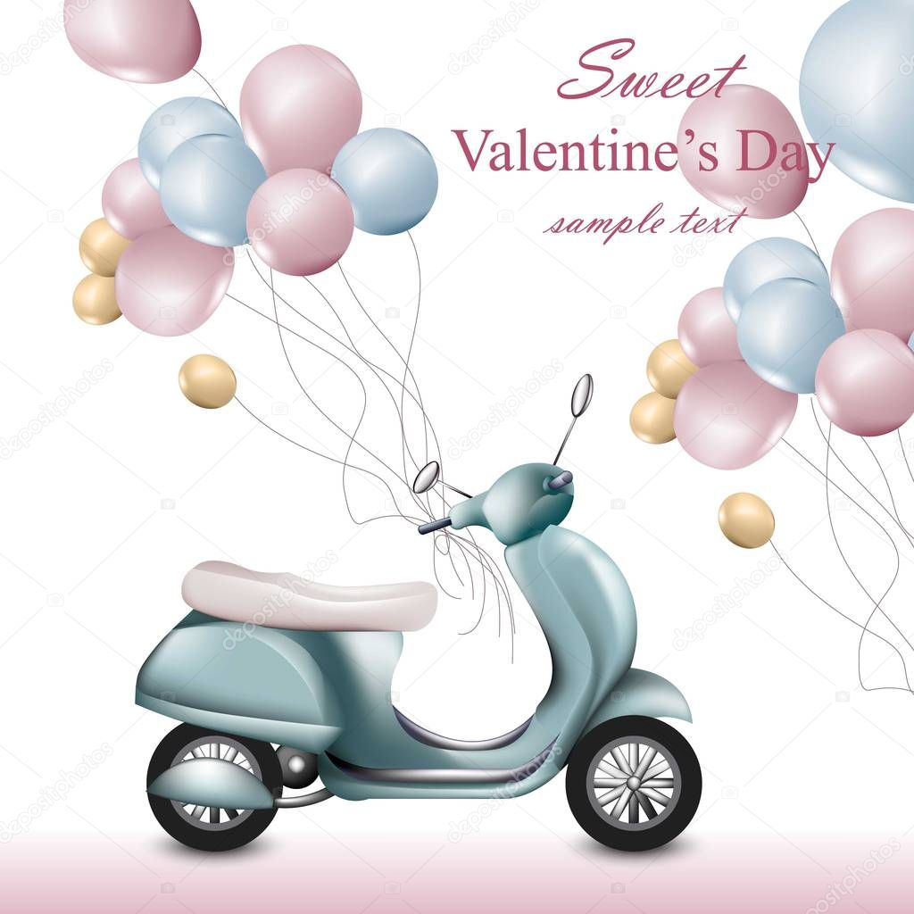 Valentines Day card with scooter and balloons Vector. Greeting card romantic designs