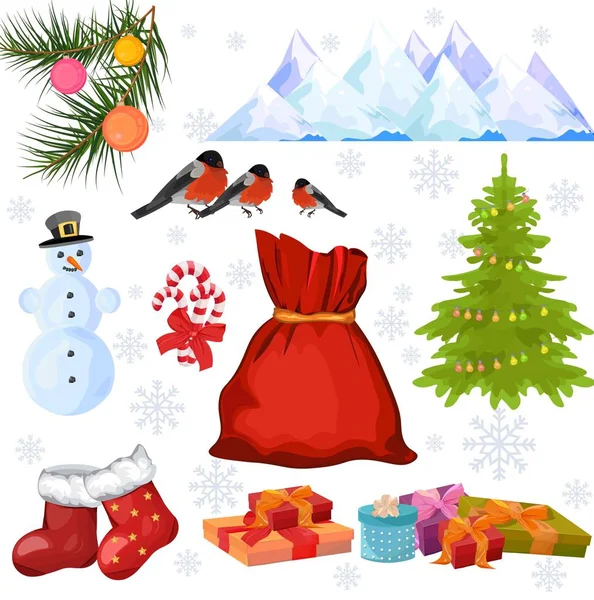 Décor d'hiver éléments isolés. Montagnes, Oiseaux et sac Père Noël rouge Vector — Image vectorielle