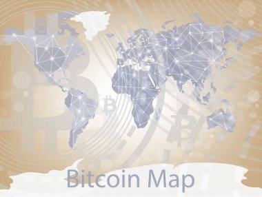 Vektör bitcoin cryptocurrency harita. Dünya çapında arka plan grafik diyagramı, grafik ödemeler ile finansal kavramlar para transferleri