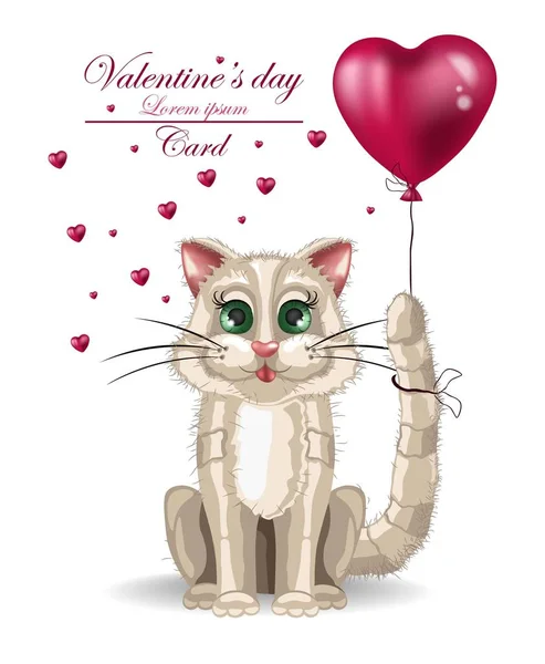 발렌타인 하루 귀여운 키티 카드 벡터입니다. 풍선 그림을 들고 고양이 함께 행복 한 휴일 — 스톡 벡터