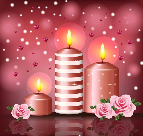 Velas y corazones fondo romántico. Decoración de la plantilla de día de San Valentín Vector — Vector de stock