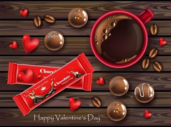 Chocolats rouges et tasse à café réaliste vecteur. Carte Saint-Valentin avec des bonbons. Dessins de bois vue de dessus — Image vectorielle