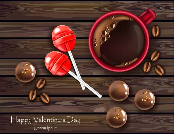 Cioccolatini e lolipop con caffè realistico Vector. Biglietto di San Valentino con dolci. Vista dall'alto sfondi in legno — Vettoriale Stock