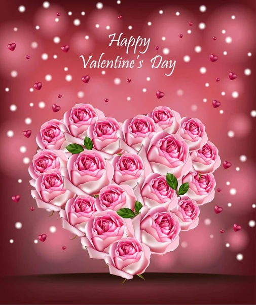 Rose roses coeur vecteur réaliste. Bonne carte Saint-Valentin avec décor de fleurs — Image vectorielle