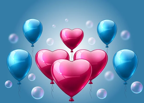 粉红色和蓝色气球逼真的矢量。心形晶详细3d 气球 — 图库矢量图片