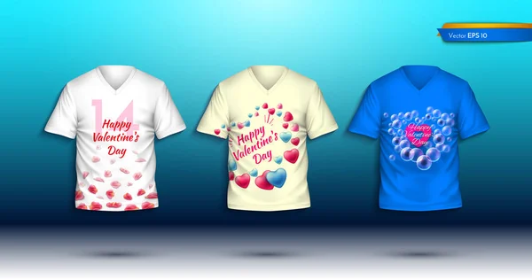 Feliz día de San Valentín camisetas Vector realista. camisas voluminosas detalladas con estampados de corazones — Archivo Imágenes Vectoriales