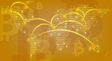 Vektör gerçekçi bitcoin harita arka plan. Ödemeler, finansal kavramlar para transferleri