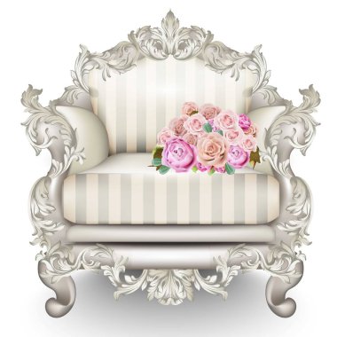 Barok lüks koltuk. Zengin Furniture süslü oyulmuş. Vintage çizgili kumaş dokusu. Vektör gerçekçi 3d tasarımlar